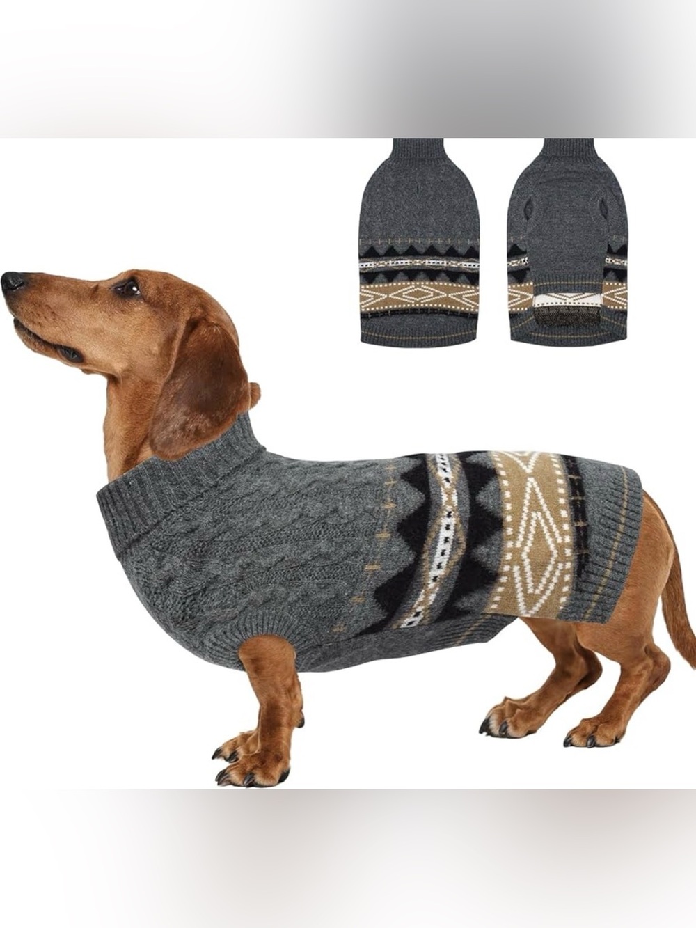 Dog Gray Cable Knit Sweater with Fair Isle Pattern